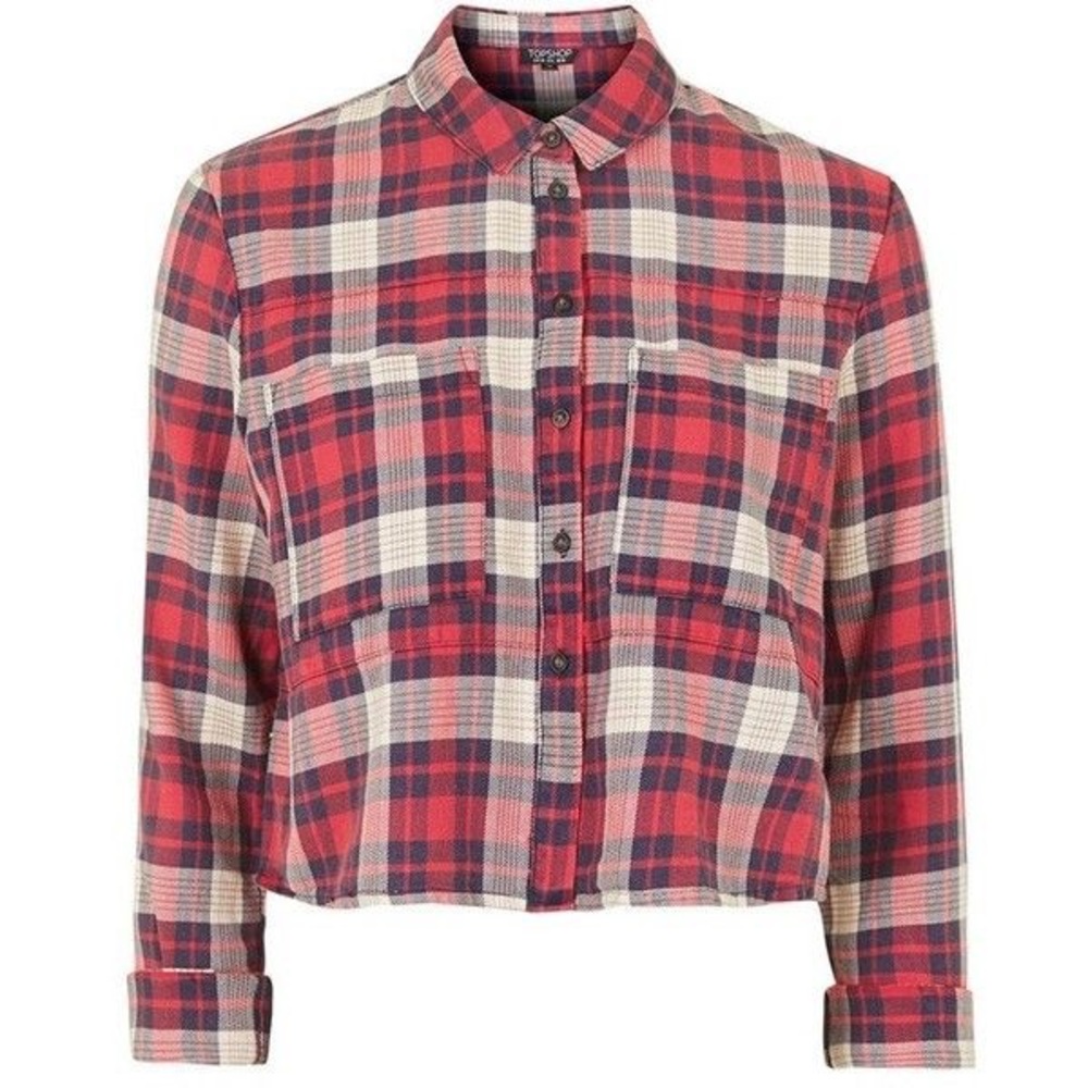 Topshop Plaid Flannel Crop Long Sleeve Shirt
